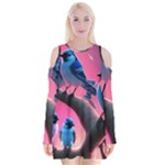 Violet Birds Velvet Long Sleeve Shoulder Cutout Dress