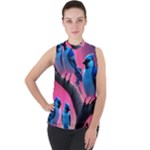 Violet Birds Mock Neck Chiffon Sleeveless Top