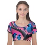 Violet Birds Velvet Short Sleeve Crop Top 