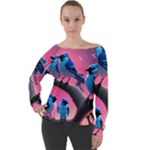 Violet Birds Off Shoulder Long Sleeve Velour Top