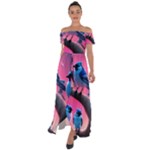 Violet Birds Off Shoulder Open Front Chiffon Dress