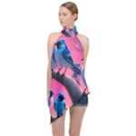 Violet Birds Halter Asymmetric Satin Top