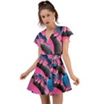 Violet Birds Flutter Sleeve Wrap Dress