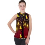 Yellow Birds Red Sky Mock Neck Chiffon Sleeveless Top