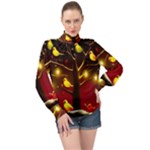 Yellow Birds Red Sky High Neck Long Sleeve Chiffon Top
