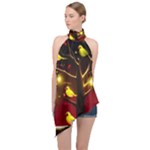 Yellow Birds Red Sky Halter Asymmetric Satin Top