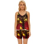 Yellow Birds Red Sky V-Neck Satin Pajamas Set