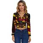 Yellow Birds Red Sky Long Sleeve V-Neck Top