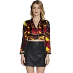 Yellow Birds Red Sky Long Sleeve Tie Back Satin Wrap Top