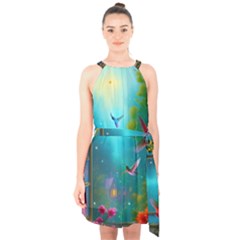 Halter Collar Waist Tie Chiffon Dress 