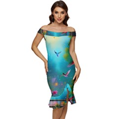 Off Shoulder Ruffle Split Hem Bodycon Dress 