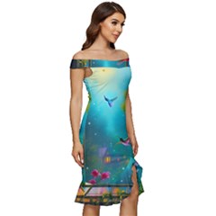 Off Shoulder Ruffle Split Hem Bodycon Dress 