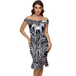 Abstract Zebra Off Shoulder Ruffle Split Hem Bodycon Dress