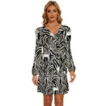 Abstract Zebra Long Sleeve Waist Tie Ruffle Velvet Dress