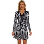Abstract Zebra Long Sleeve Deep V Mini Dress 