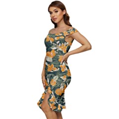Off Shoulder Ruffle Split Hem Bodycon Dress 