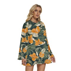 Round Neck Long Sleeve Bohemian Style Chiffon Mini Dress 