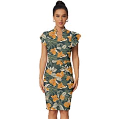 Vintage Frill Sleeve V-Neck Bodycon Dress 