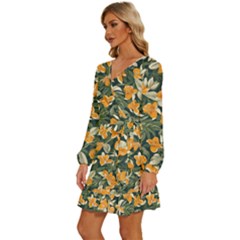 Long Sleeve Waist Tie Ruffle Velvet Dress 