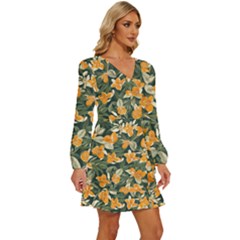 Long Sleeve Waist Tie Ruffle Velvet Dress 