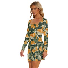 Long Sleeve Square Neck Bodycon Velvet Dress 