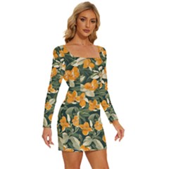 Long Sleeve Square Neck Bodycon Velvet Dress 