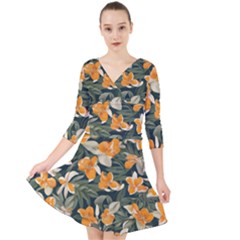 Quarter Sleeve Front Wrap Dress 
