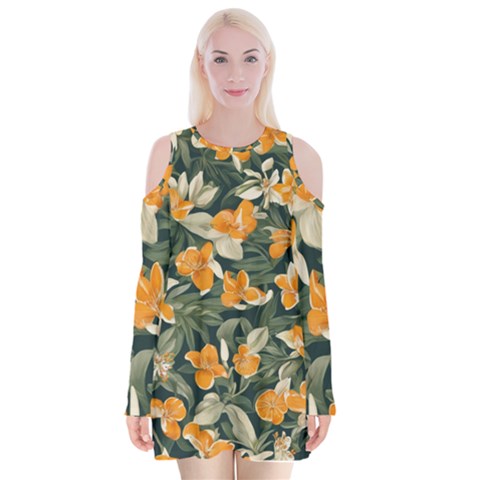 Neroli Blossom Velvet Long Sleeve Shoulder Cutout Dress from ArtsNow.com