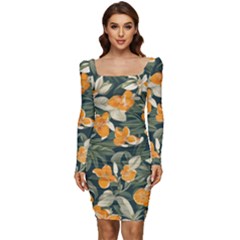 Women Long Sleeve Ruched Stretch Jersey Dress 