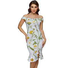 Off Shoulder Ruffle Split Hem Bodycon Dress 