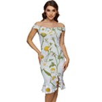 Sunflowers Off Shoulder Ruffle Split Hem Bodycon Dress
