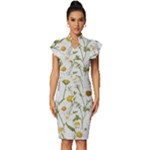Sunflowers Vintage Frill Sleeve V-Neck Bodycon Dress
