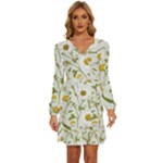 Sunflowers Long Sleeve Waist Tie Ruffle Velvet Dress
