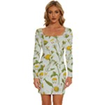 Sunflowers Long Sleeve Square Neck Bodycon Velvet Dress