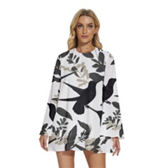 Round Neck Long Sleeve Bohemian Style Chiffon Mini Dress 
