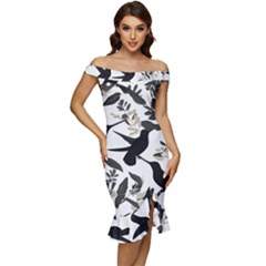 Off Shoulder Ruffle Split Hem Bodycon Dress 