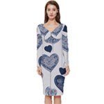 Blue Hearts Long Sleeve V-Neck Bodycon Dress 