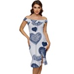 Blue Hearts Off Shoulder Ruffle Split Hem Bodycon Dress