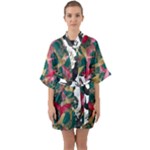 Foil & Black Birds Half Sleeve Satin Kimono 