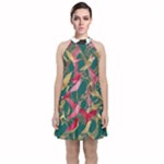 Foil & Black Birds Velvet Halter Neckline Dress 