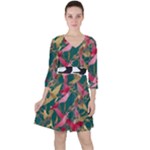 Foil & Black Birds Quarter Sleeve Ruffle Waist Dress