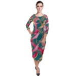 Foil & Black Birds Quarter Sleeve Midi Velour Bodycon Dress