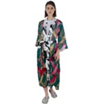 Foil & Black Birds Maxi Satin Kimono