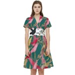 Foil & Black Birds Short Sleeve Waist Detail Dress