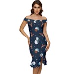 Santa Snowman Off Shoulder Ruffle Split Hem Bodycon Dress