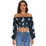 Santa Snowman Long Sleeve Crinkled Weave Crop Top