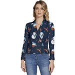 Santa Snowman Women s Long Sleeve Revers Collar Cropped Jacket