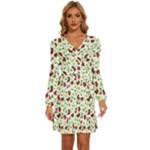 Warm Christmas  Long Sleeve Waist Tie Ruffle Velvet Dress
