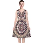 Seamless Pattern Floral Flower V-Neck Midi Sleeveless Dress 