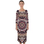 Seamless Pattern Floral Flower Quarter Sleeve Midi Bodycon Dress